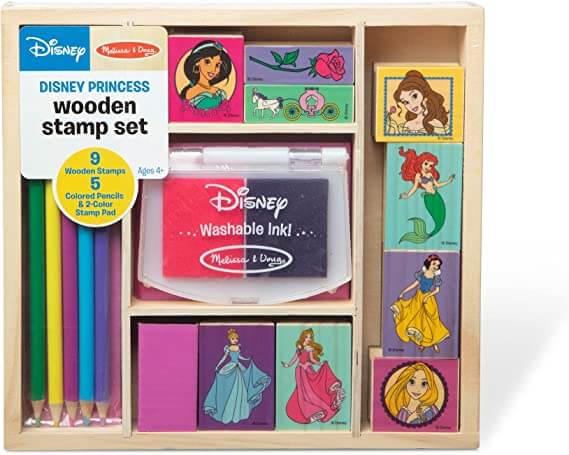 Melissa & Doug Disney Princess Wooden Stamp Set includes nine stamps, five colored pencils, and a two-color stamp pad.